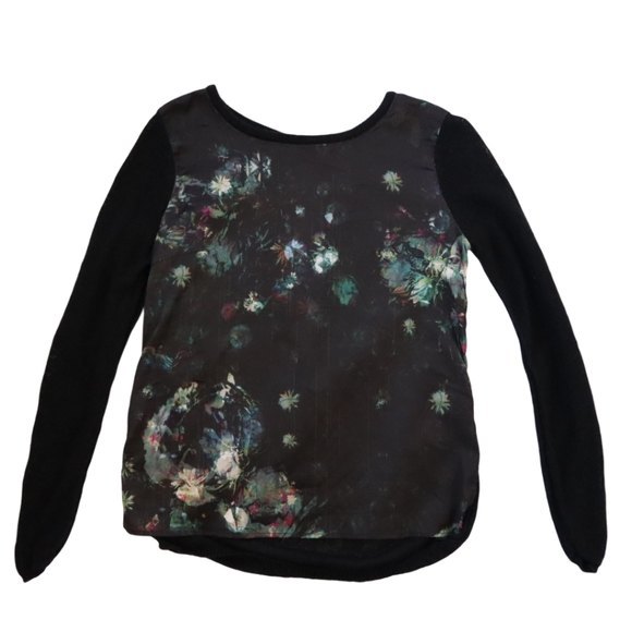 H & M Silky Floral Print Top Black Long Sleeve Mesh Back Keyhole Closure Size XS - Picture 11 of 11